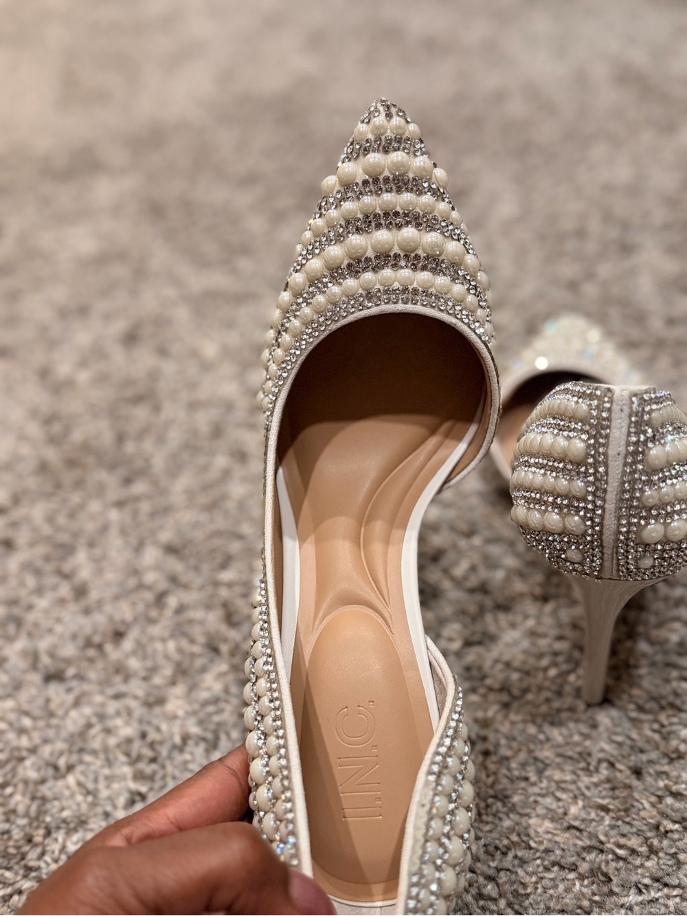 I.N.C Pearl & Crystal Embellished Pointed Toe Flats - Ivory - Picture 4 of 5